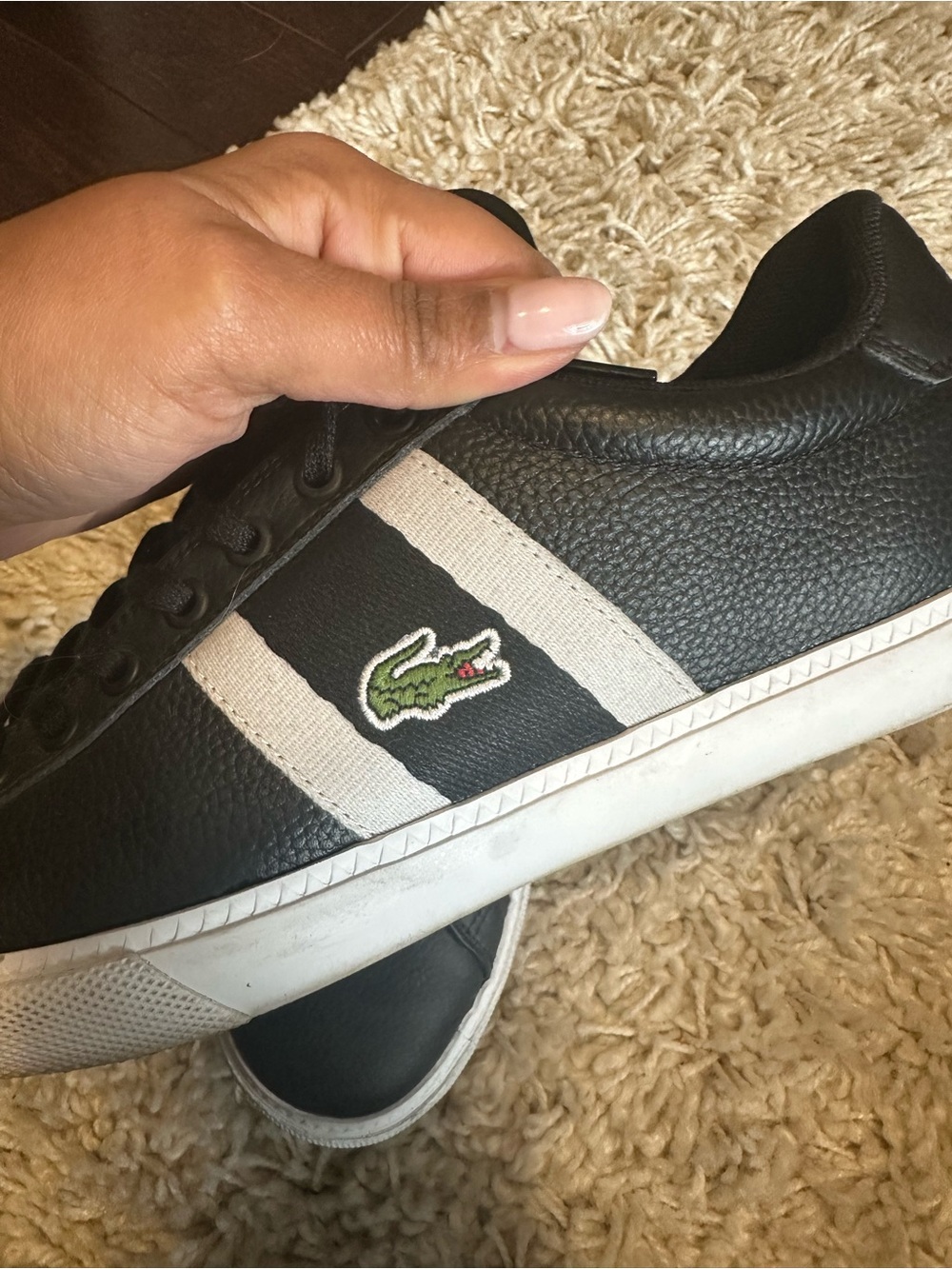 Lacoste Black Sneakers with White Stripe and Green Crocodile